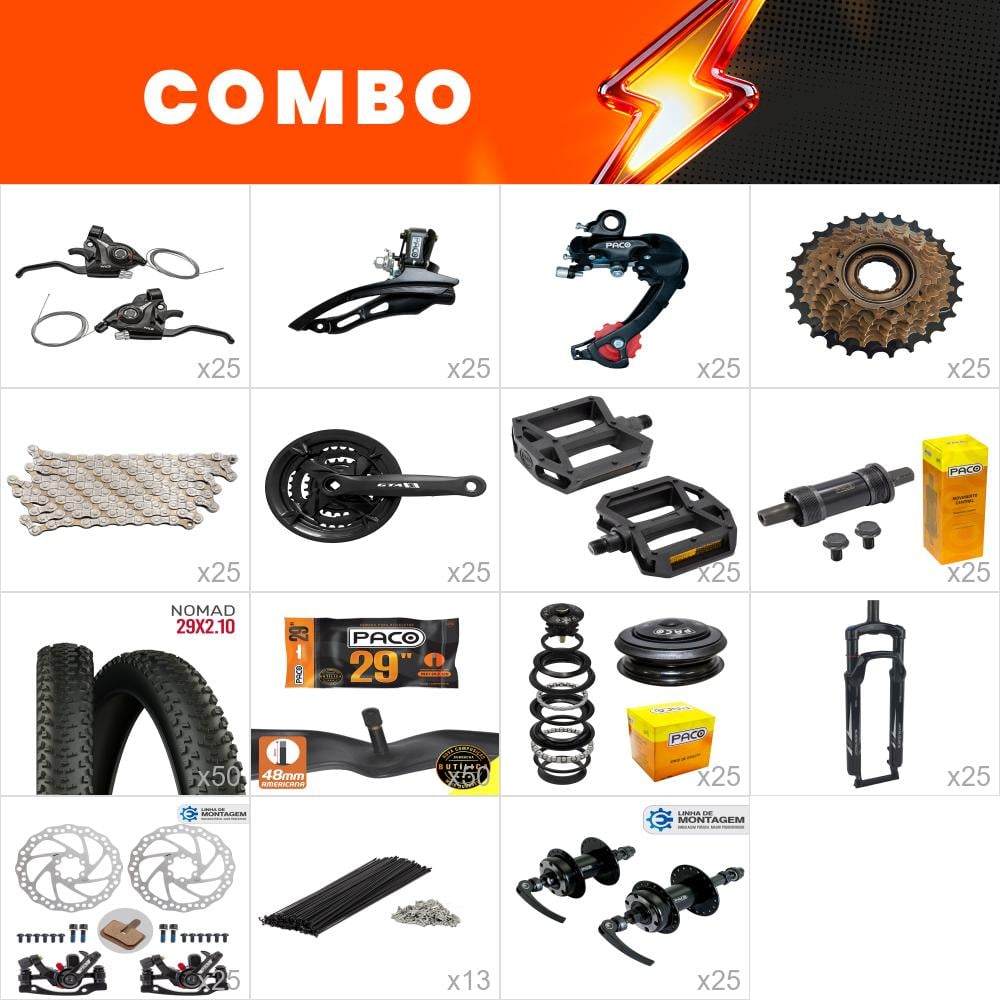               combo montagem 25x bikes start - relação paco - (não acompanha quadro kit, aros, cabos e conduites) - confira os itens