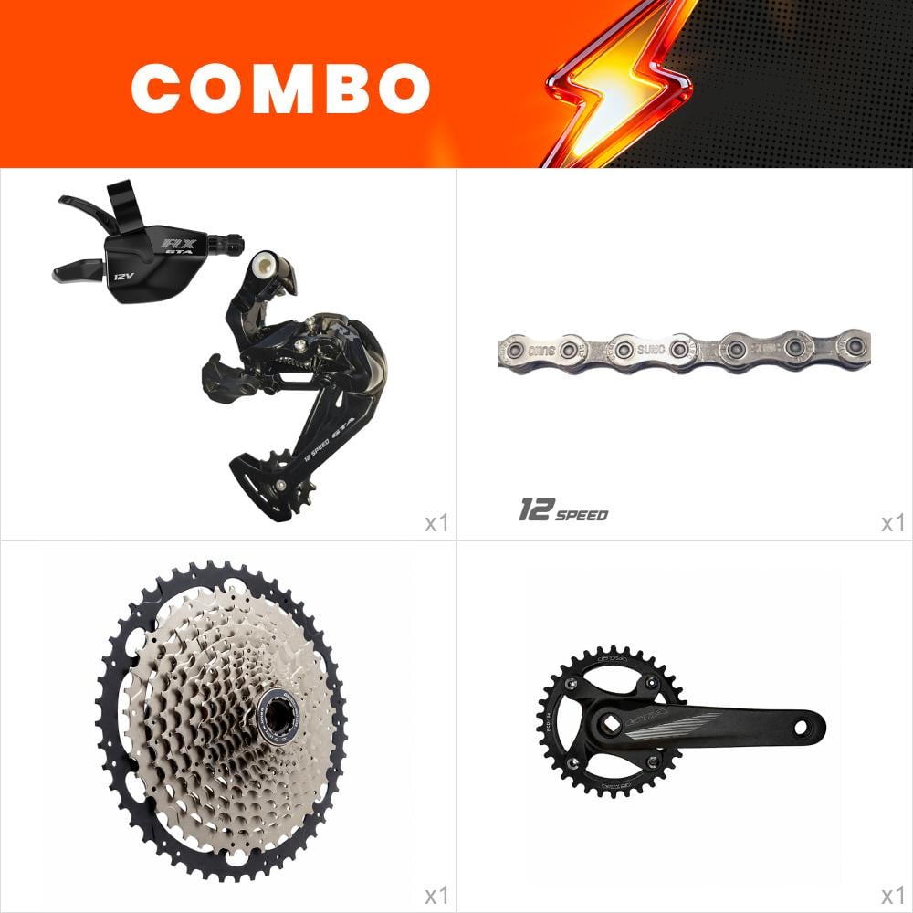 Combo 1x kit relação 12v - rx - confira itens (cassete, cambio, alavanca, pedivela e corrente)