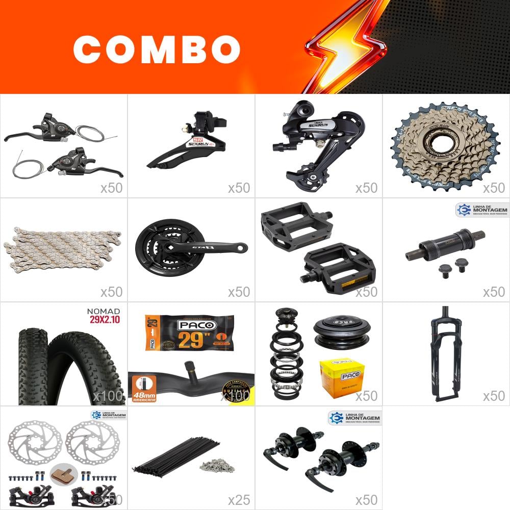               combo montagem 50x bikes start - relação sunrun -  (não acompanha quadro kit, aros, cabos e conduites) - confira os itens