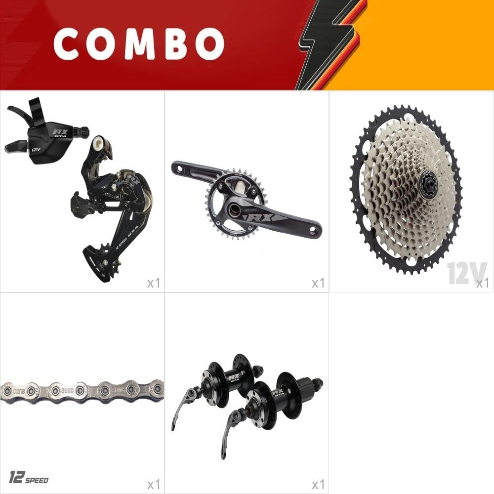 Combo 1 kit relação 1x12 promocional - pedivela integrado com central, cubos esferado, corrente, cassete 11/50, alavanca e cambio 
