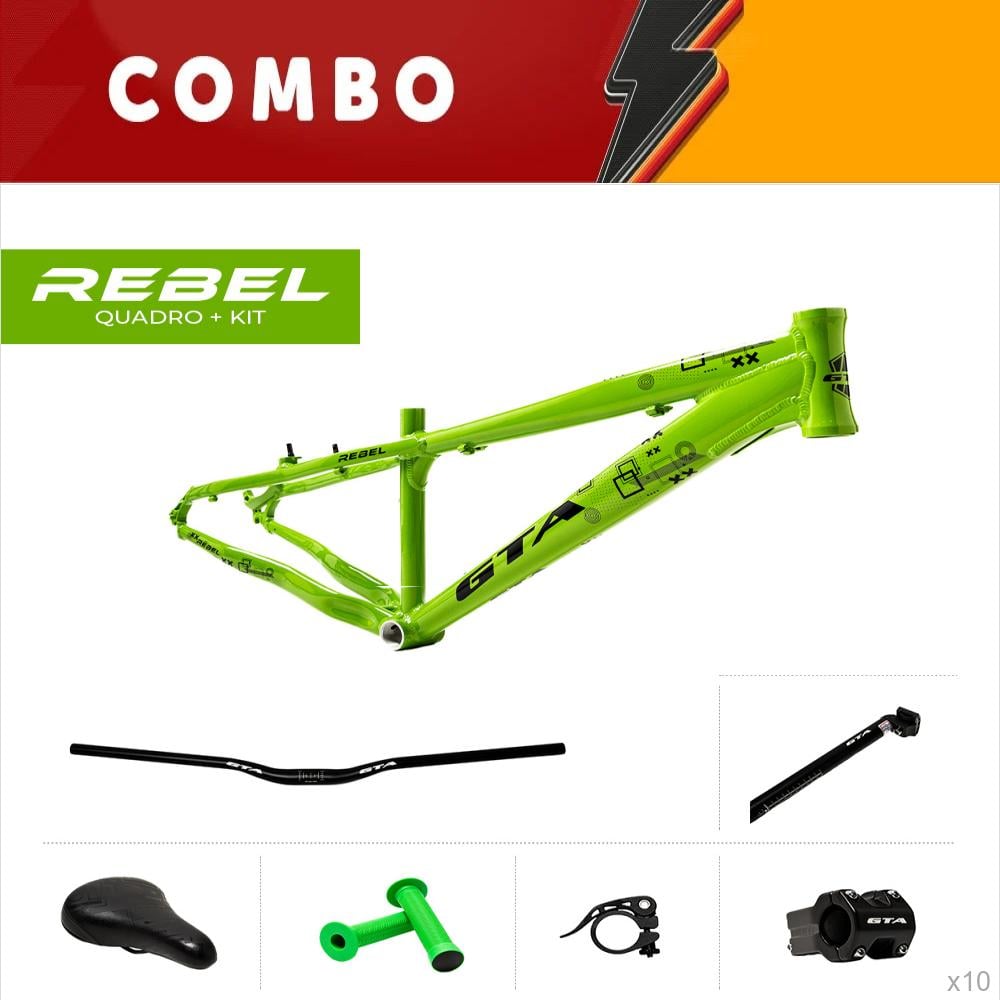  promocional 10% de desconto - 10x quadros 26 freeride gta rebel verde guidão, suporte de guidão, canote, selim, manopla e abraçadeira