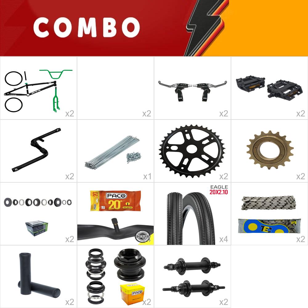  combo montagem bmx 2x gta flip preto e verde com kit - confira os itens