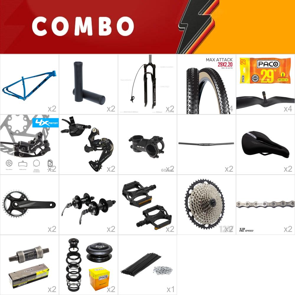 2x kit bike climb 17 - azul - relação 1x12 - freio hidráulico 4 pistões - suspensão com trava remota
