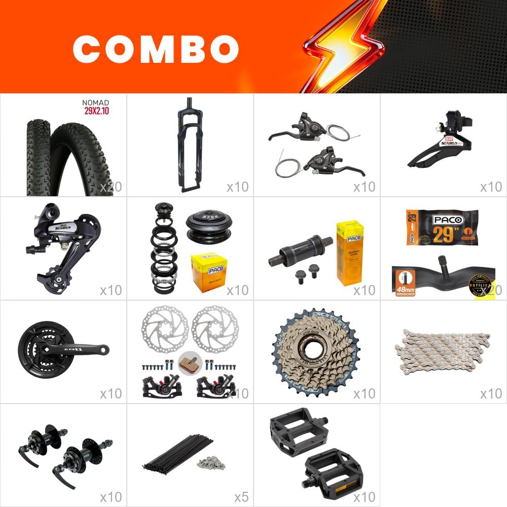    combo montagem 10x bikes start - relação sun run - (não acompanha quadro kit, aros, cabos e conduites) - confira os itens