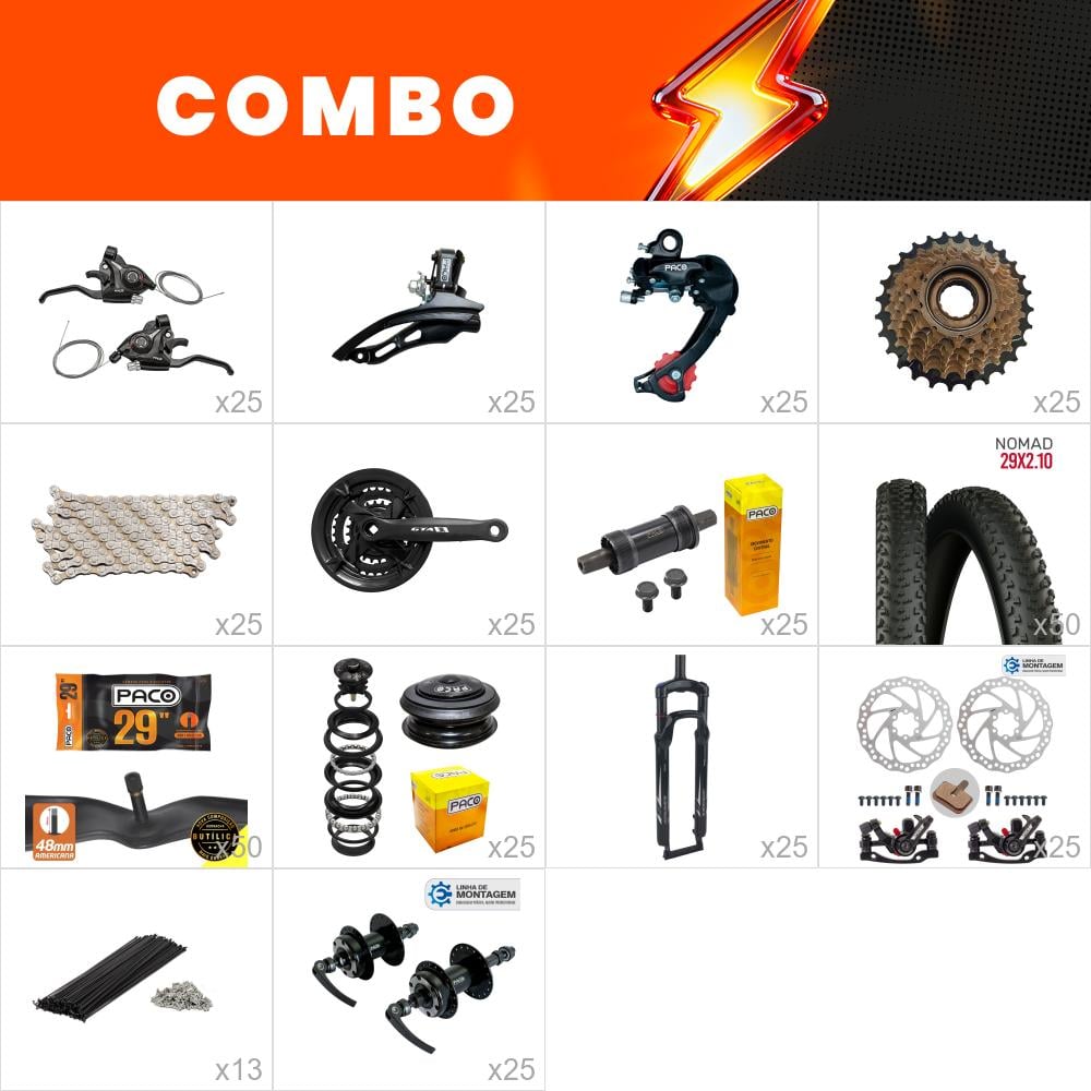 Combo montagem 25x bikes start - relação paco - (não acompanha quadro kit, pedal, aros, cabos e conduites) - confira os itens