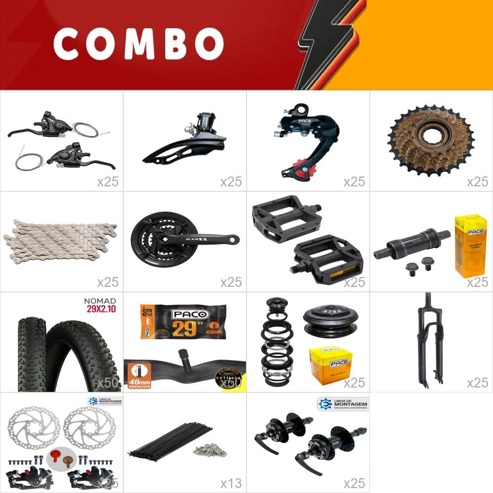 Combo montagem 25 bikes start - relação paco - (não acompanha quadro kit, aros, cabos e conduites)) confira os itens