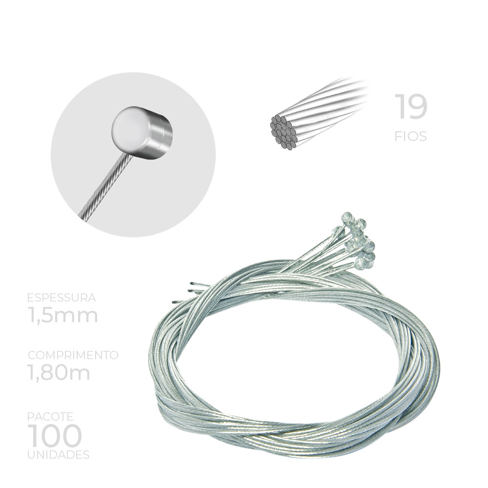Cabo de aço para freio traseiro 1800mm x 1.5mm x 19 fios <b>(cento)</b>