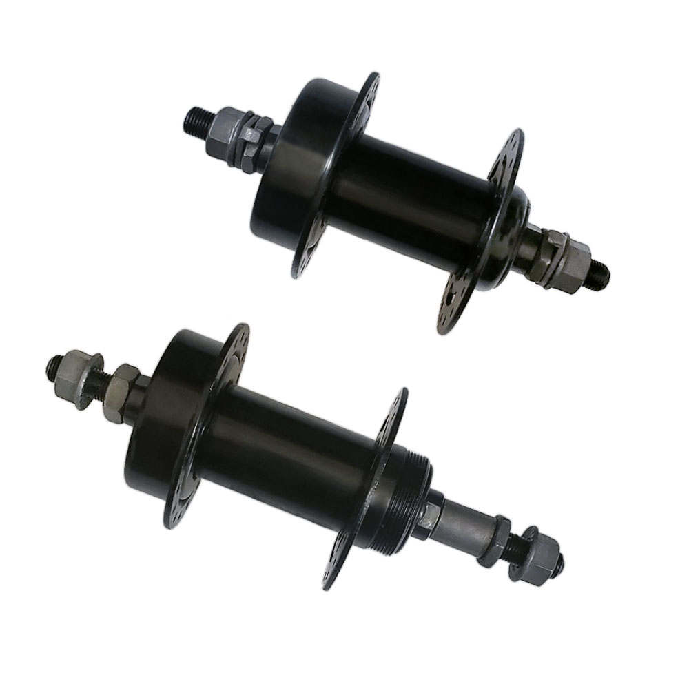 Cubo aço dianteiro e traseiro com esfera preto com  eixo 3/8x180mm com espacador para freio a disco 36furos