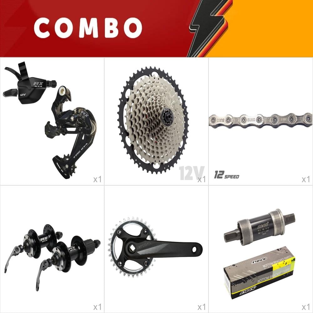 Combo 1 kit relação 1x12 - pedivela ponta quadrada coroa em alumínio, cubos esferados, pedivela ponta quadrada, movimento central selado neco, corrente, cassete 11/50, alavanca e cambio 