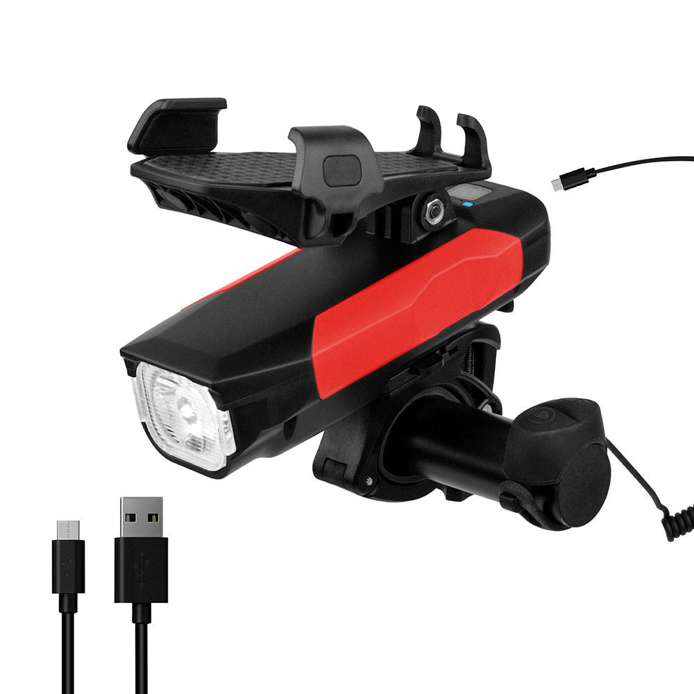 Farol suporte de celular buzina e powerbank de led cree xml2 550 lumens recarregavel usb 4000 mah