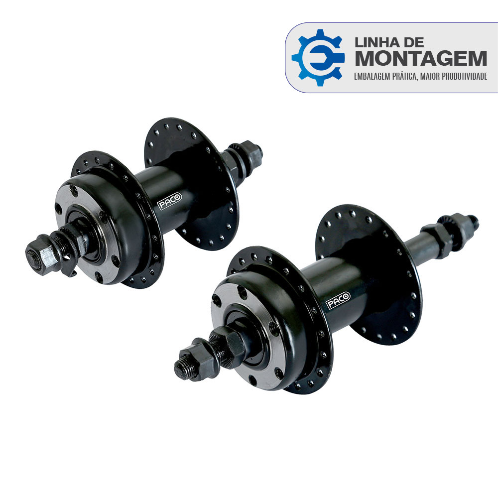 [para linha de montagem] cubo em aço par, cor preto,  eixo 3/8x180mm com espaçador, 36 furos para freio a disco