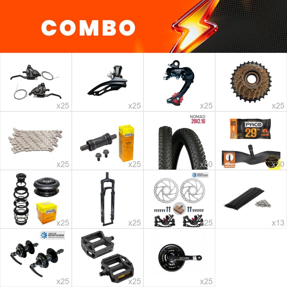    combo montagem 25x bikes start - relação paco com raio 285 - (não acompanha quadro kit, aros, cabos e conduites) - confira os itens