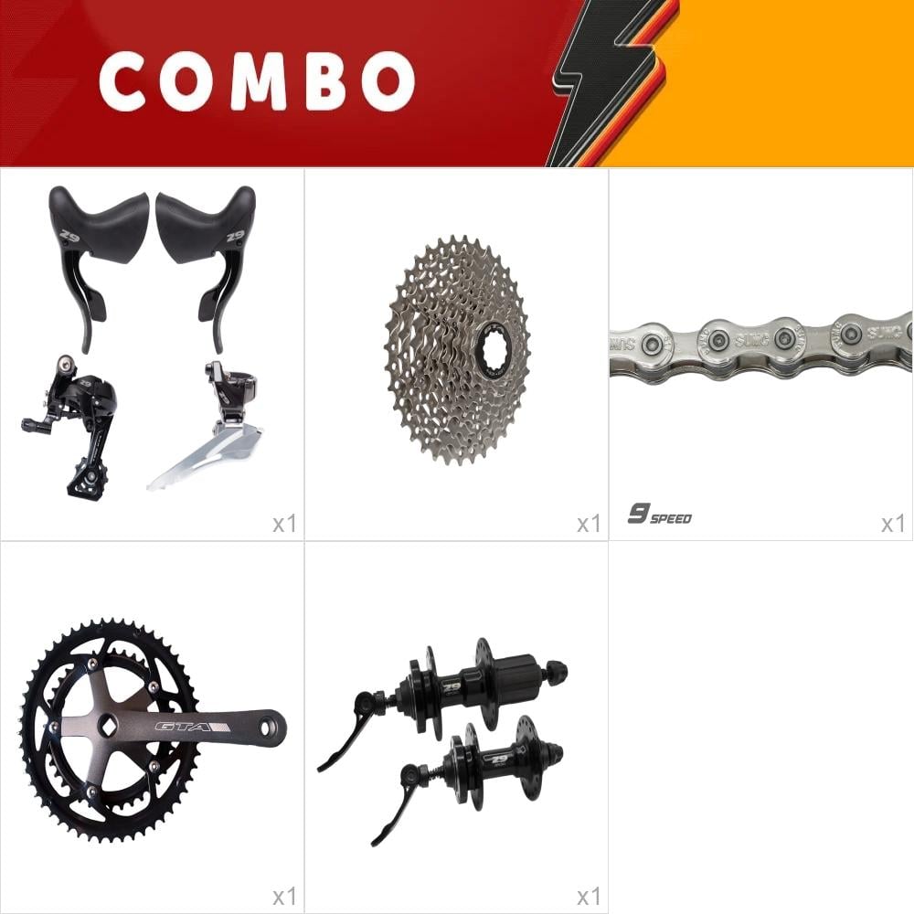           combo 1x kit relação z9 gta road 2x9v -pedivela, cubos, corrente, cassete, trocador, cambio diant e tras