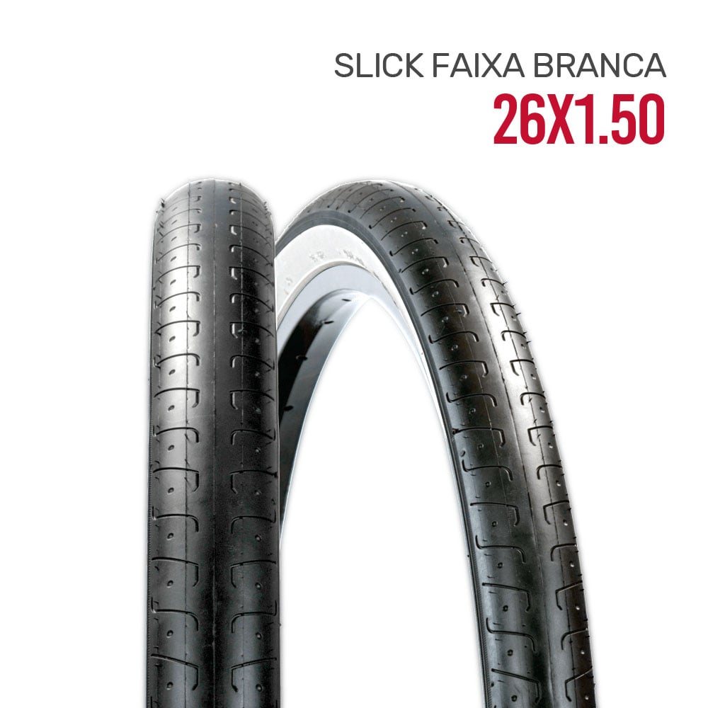 Pneu 26 x 1.50 slick preto com faixa branca
