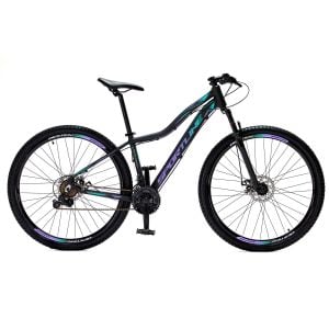 Bicicleta 29 shimano tz 21v freio a disco st1 preto/lilás e turquesa 15.5